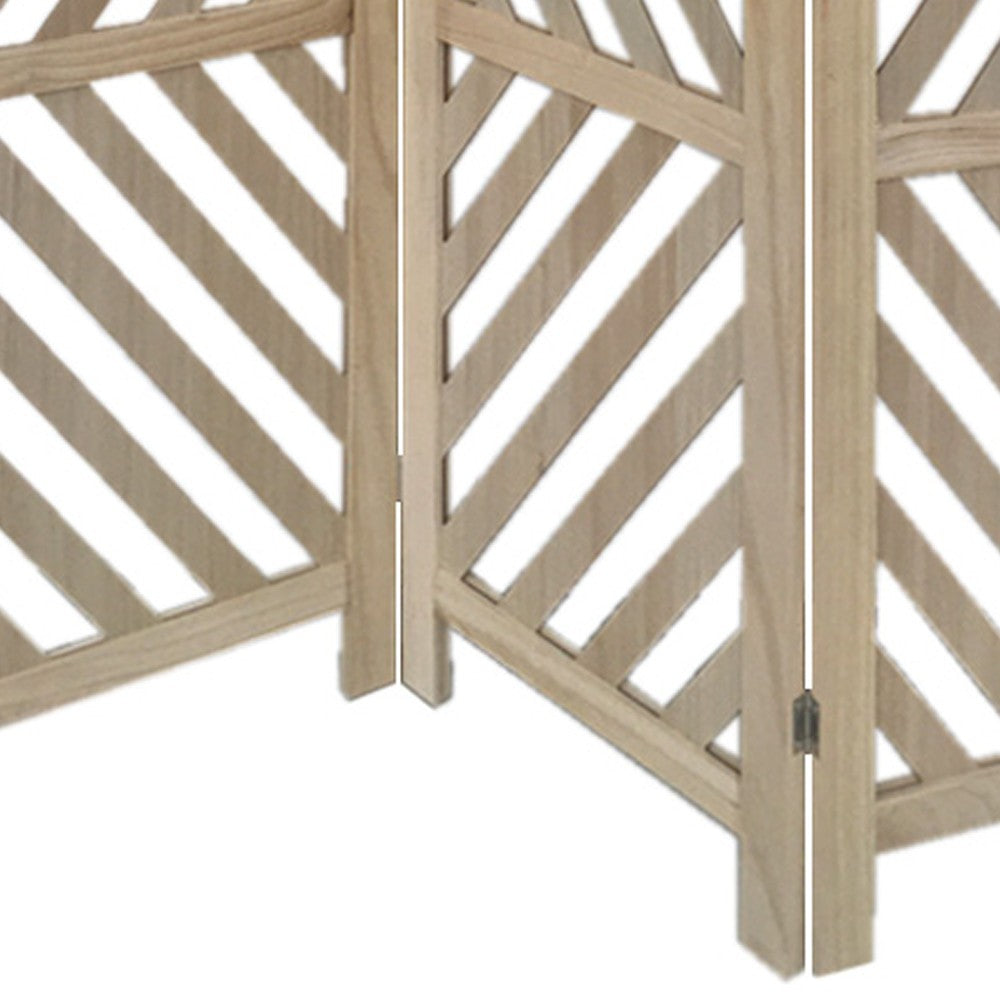 3 Panel Wooden Frame Screen with Diagonal Cut Slats, Natural Brown - BM228619