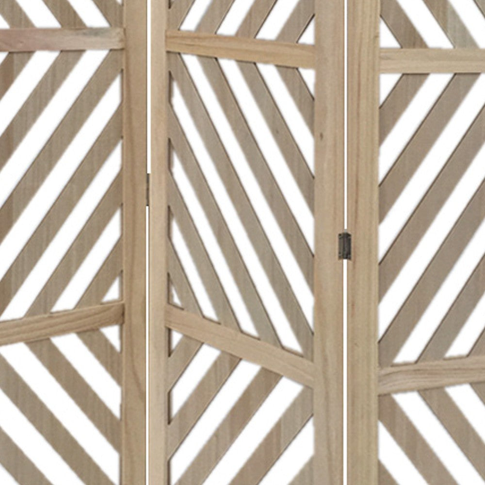 3 Panel Wooden Frame Screen with Diagonal Cut Slats, Natural Brown - BM228619