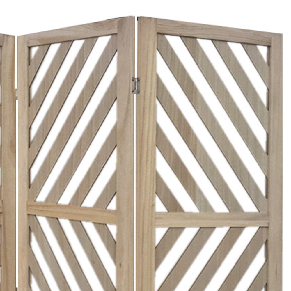 3 Panel Wooden Frame Screen with Diagonal Cut Slats, Natural Brown - BM228619