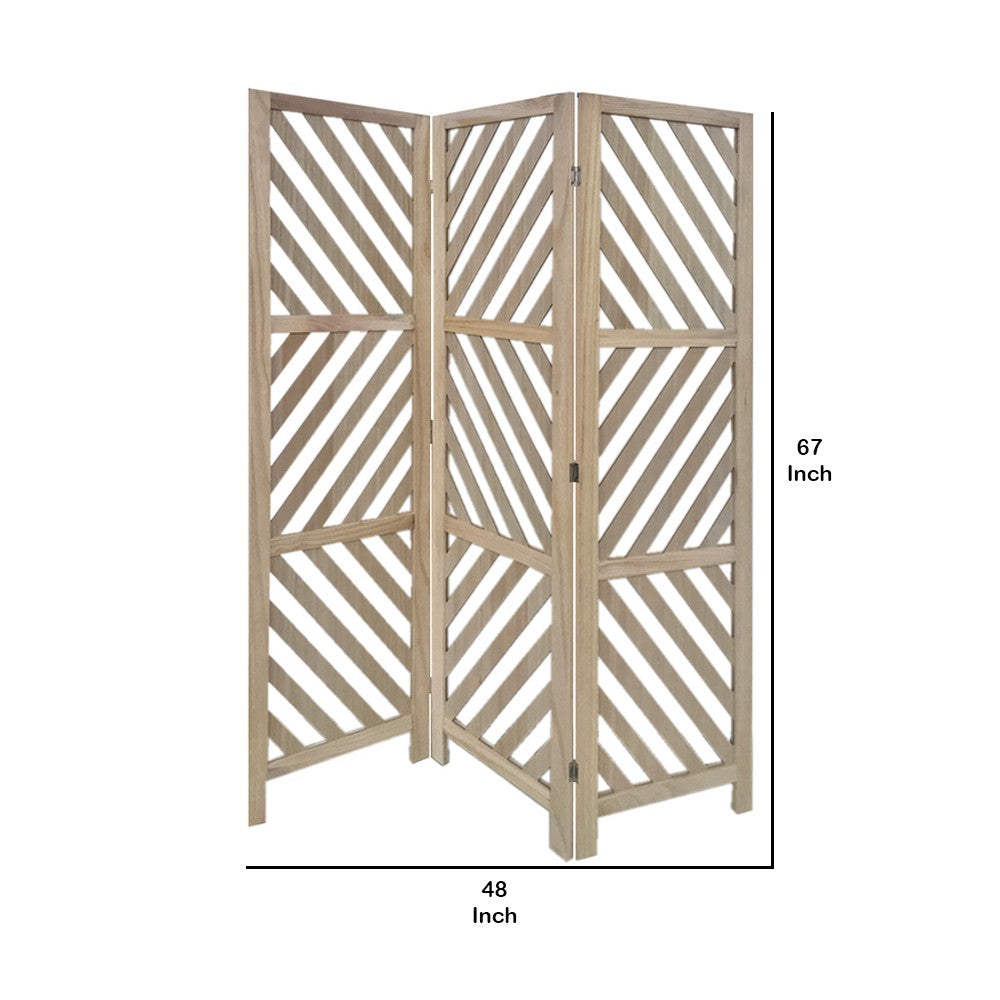 3 Panel Wooden Frame Screen with Diagonal Cut Slats, Natural Brown - BM228619