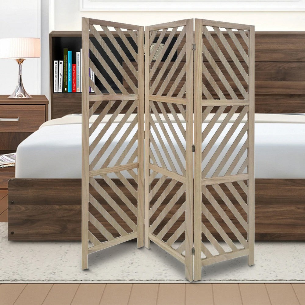 3 Panel Wooden Frame Screen with Diagonal Cut Slats, Natural Brown - BM228619