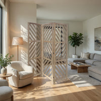 3 Panel Wooden Frame Screen with Diagonal Cut Slats, Natural Brown - BM228619