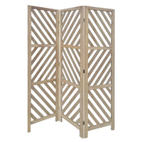 3 Panel Wooden Frame Screen with Diagonal Cut Slats, Natural Brown - BM228619