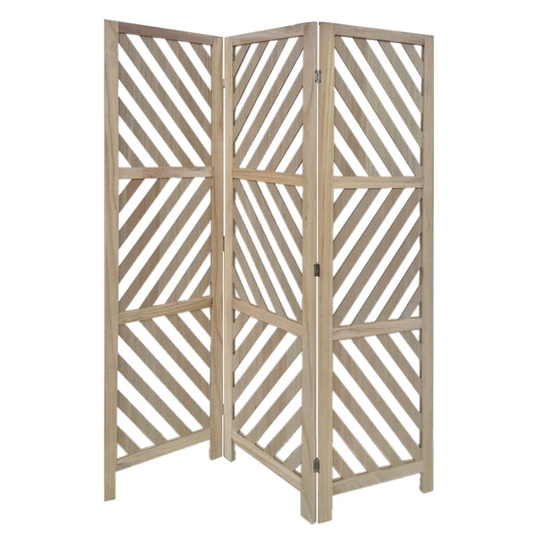 3 Panel Wooden Frame Screen with Diagonal Cut Slats, Natural Brown - BM228619