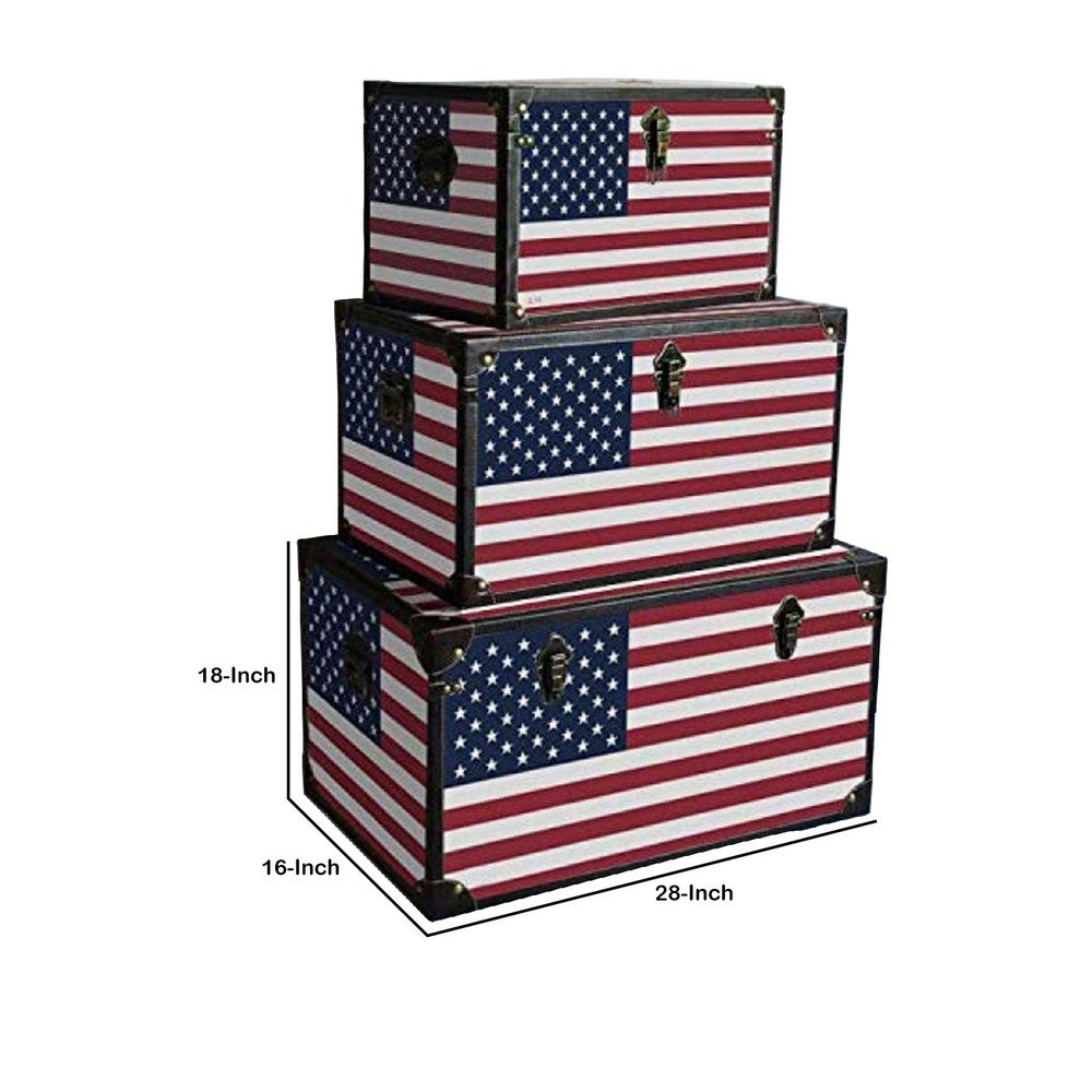 Wooden Trunks with US Flag Print and Metal Corner Accent, Set of 3, Multicolor - BM228638