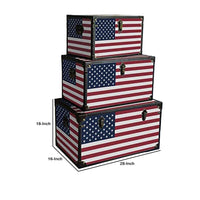 Wooden Trunks with US Flag Print and Metal Corner Accent, Set of 3, Multicolor - BM228638
