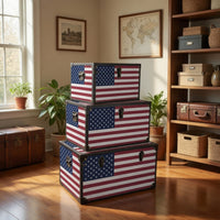 Wooden Trunks with US Flag Print and Metal Corner Accent, Set of 3, Multicolor - BM228638