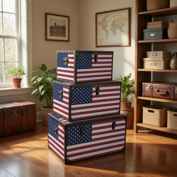 Wooden Trunks with US Flag Print and Metal Corner Accent, Set of 3, Multicolor - BM228638