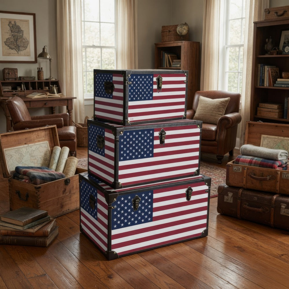 Wooden Trunks with US Flag Print and Metal Corner Accent, Set of 3, Multicolor - BM228638