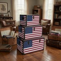 Wooden Trunks with US Flag Print and Metal Corner Accent, Set of 3, Multicolor - BM228638