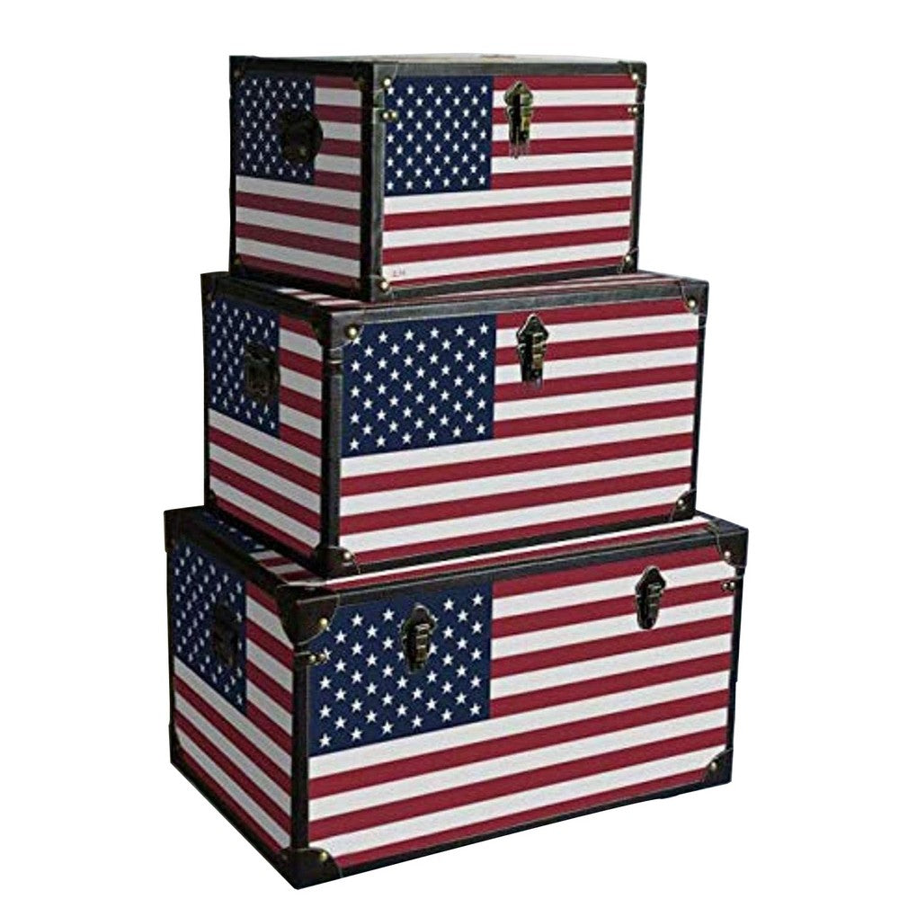 Wooden Trunks with US Flag Print and Metal Corner Accent, Set of 3, Multicolor - BM228638
