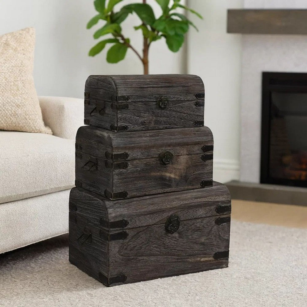 Wooden Lift Top Storage Box with Grain Details, Set of 3, Gray - BM228639