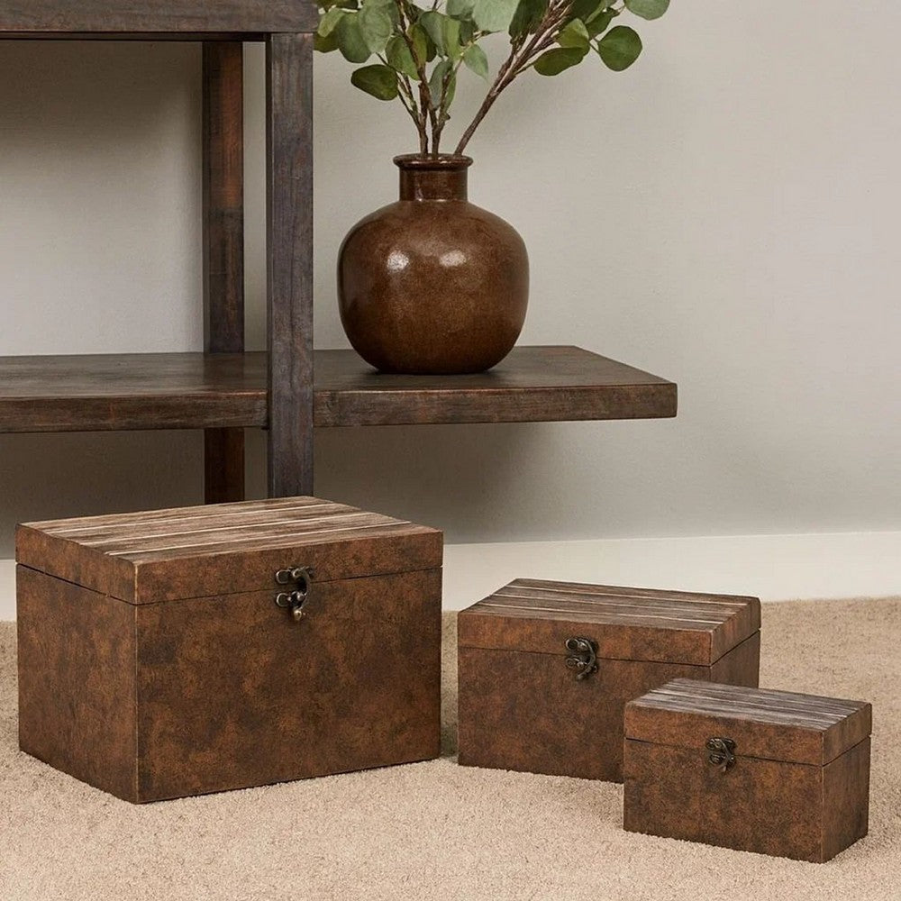 Wooden Lift Top Storage Box with Grain Details, Set of 3, Brown - BM228640