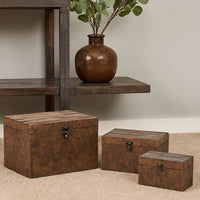 Wooden Lift Top Storage Box with Grain Details, Set of 3, Brown - BM228640