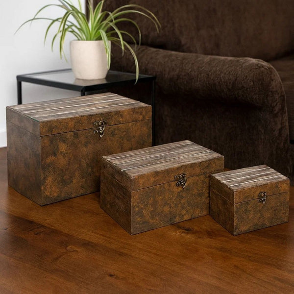 Wooden Lift Top Storage Box with Grain Details, Set of 3, Brown - BM228640