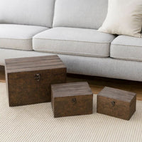 Wooden Lift Top Storage Box with Grain Details, Set of 3, Brown - BM228640