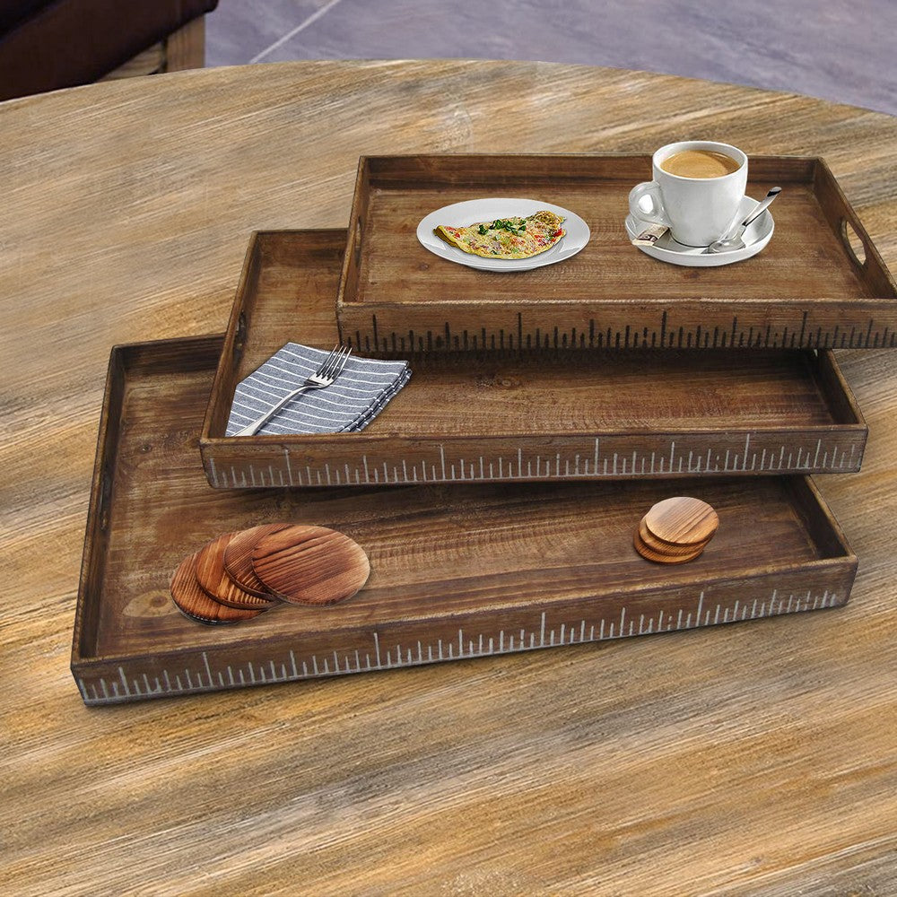 Wooden Tray with Grain Details and Cut Out Handles, Set of 3, Brown - BM228642