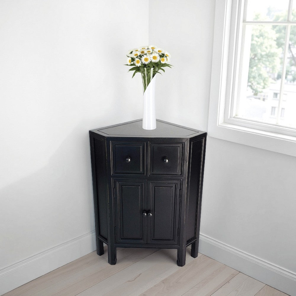 30 Inch Wooden 2 Door Corner Cabinet with 2 Drawers, Black - BM229403