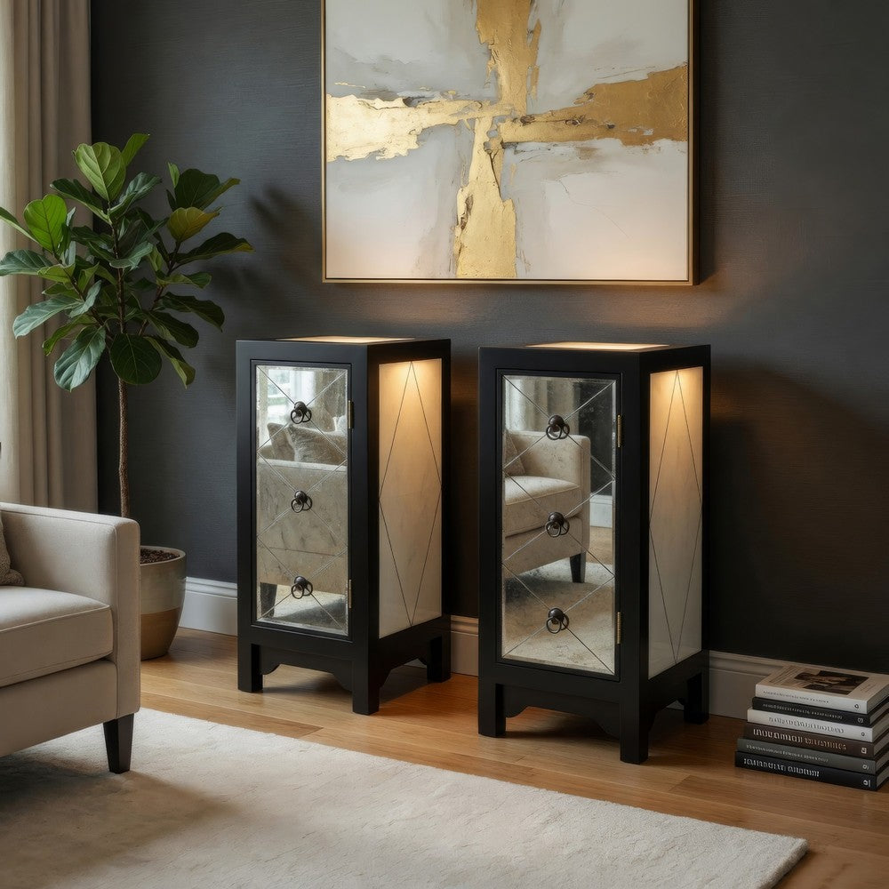 34 Inch Wood and Mirror Storage Chest with 1 Door, Black - BM229409