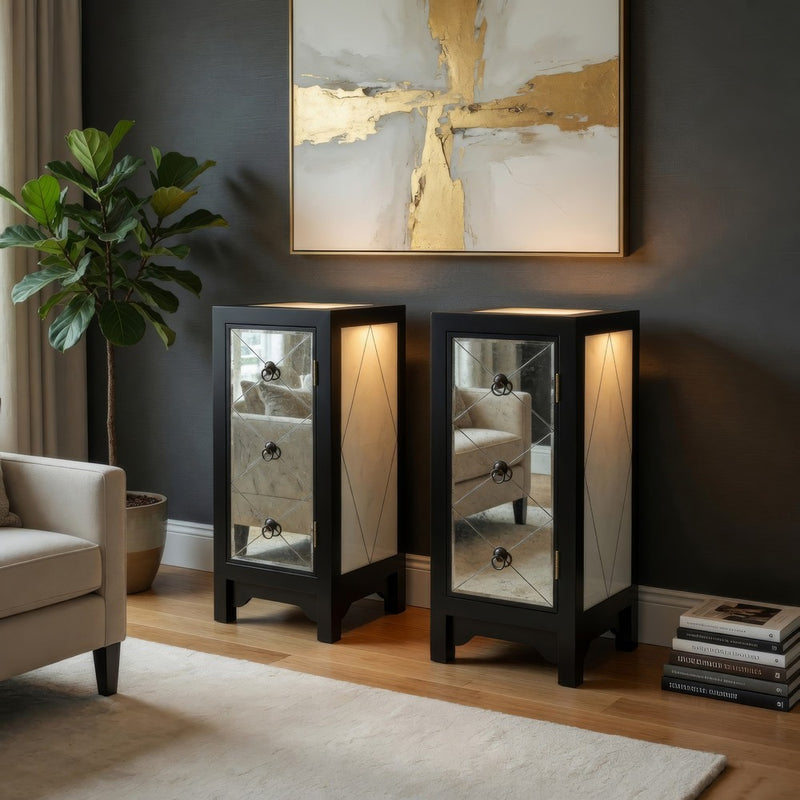 34 Inch Wood and Mirror Storage Chest with 1 Door, Black - BM229409