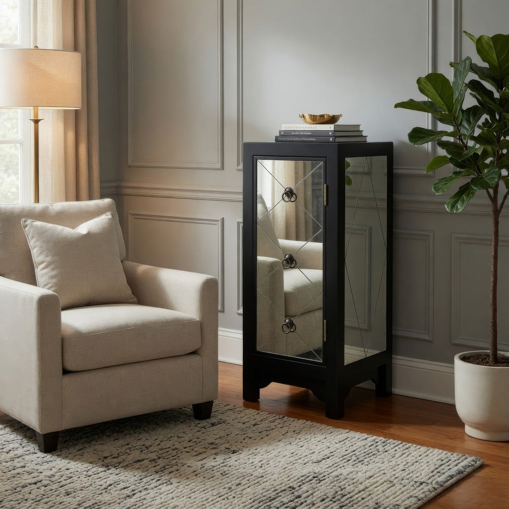 34 Inch Wood and Mirror Storage Chest with 1 Door, Black - BM229409