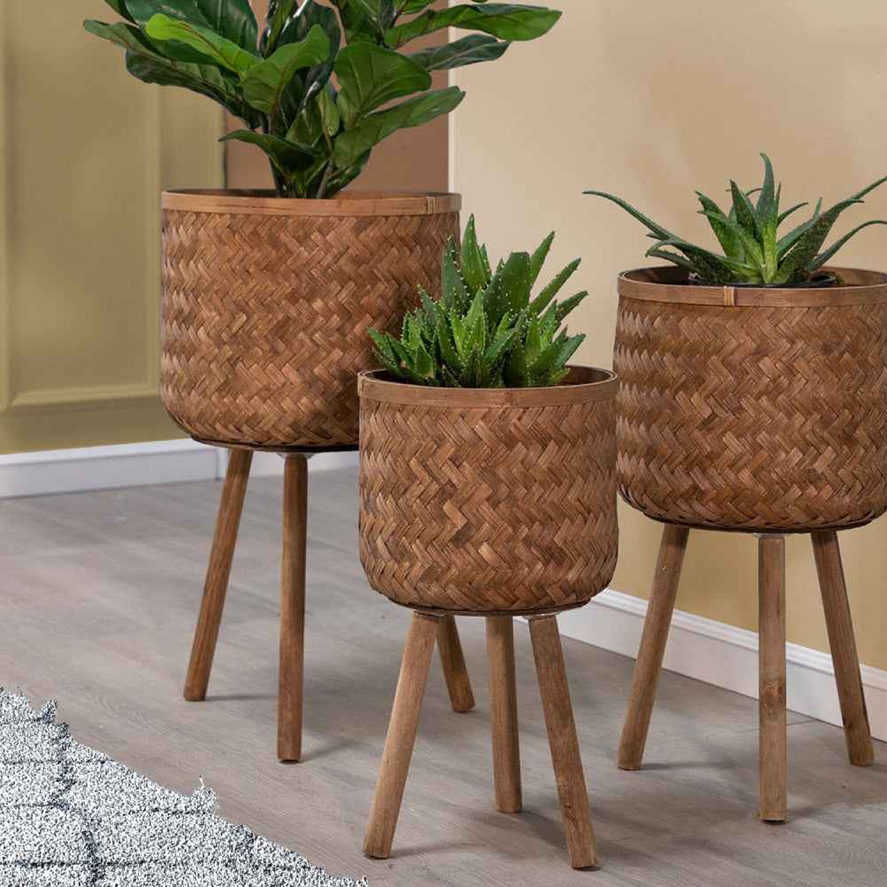 Round Bamboo Planters with Angled Tripod Legs, Set of 3, Brown - BM229452