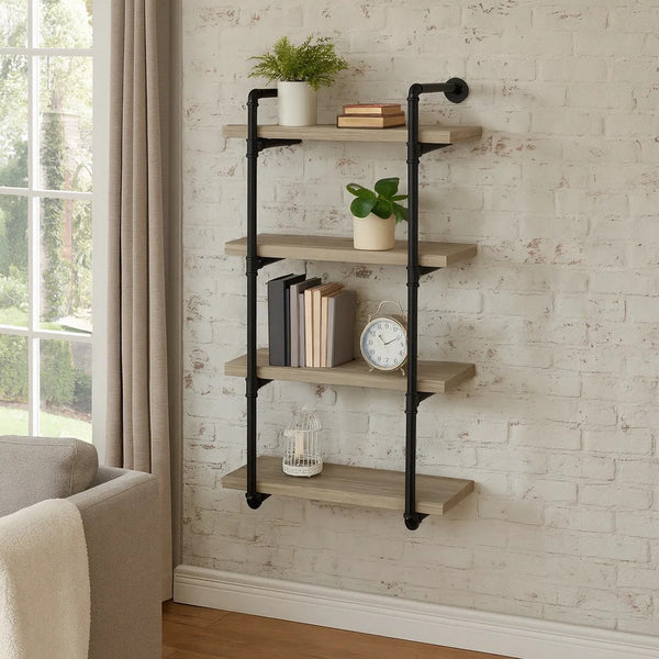 24 Inches 4 Tier Wood and Metal Wall Shelf, Gray and Black - BM229650