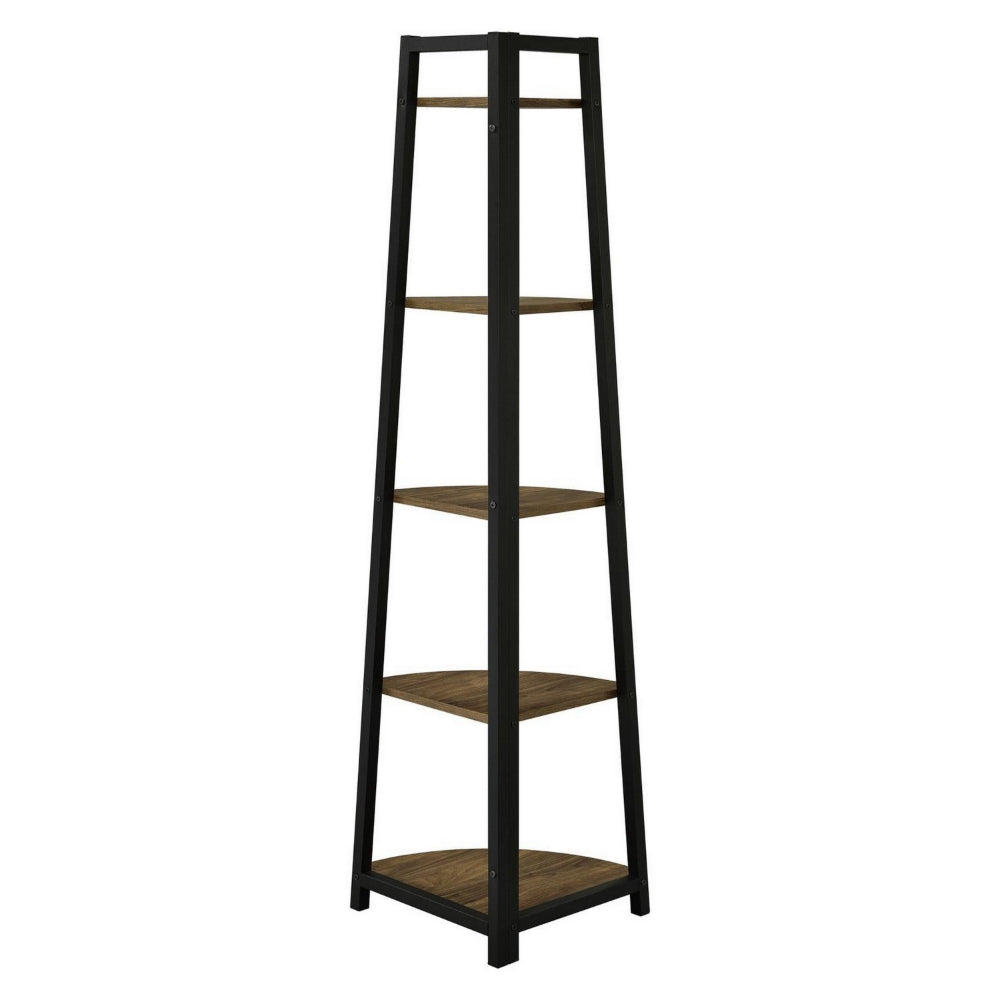 5 Tier Wooden Corner Bookcase with Metal Frame, Brown and Black - BM229655