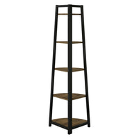 5 Tier Wooden Corner Bookcase with Metal Frame, Brown and Black - BM229655