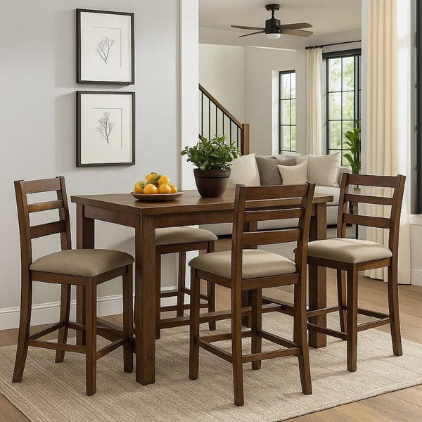 Rustic Plank Wooden Counter Height Table with Block Legs, Oak Brown - BM230024