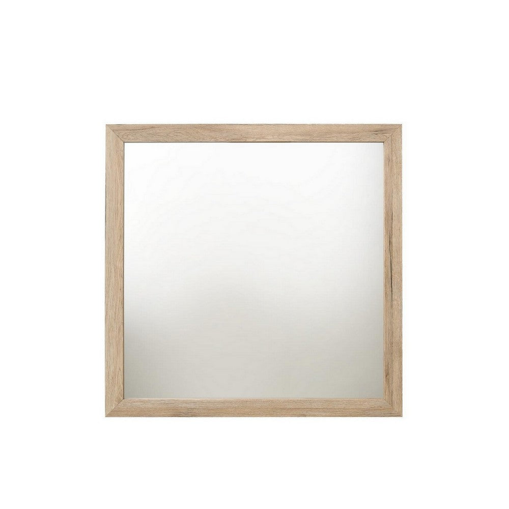 Square Shaped Wooden Mirror with Rough Hewn Texture, Brown - BM230135