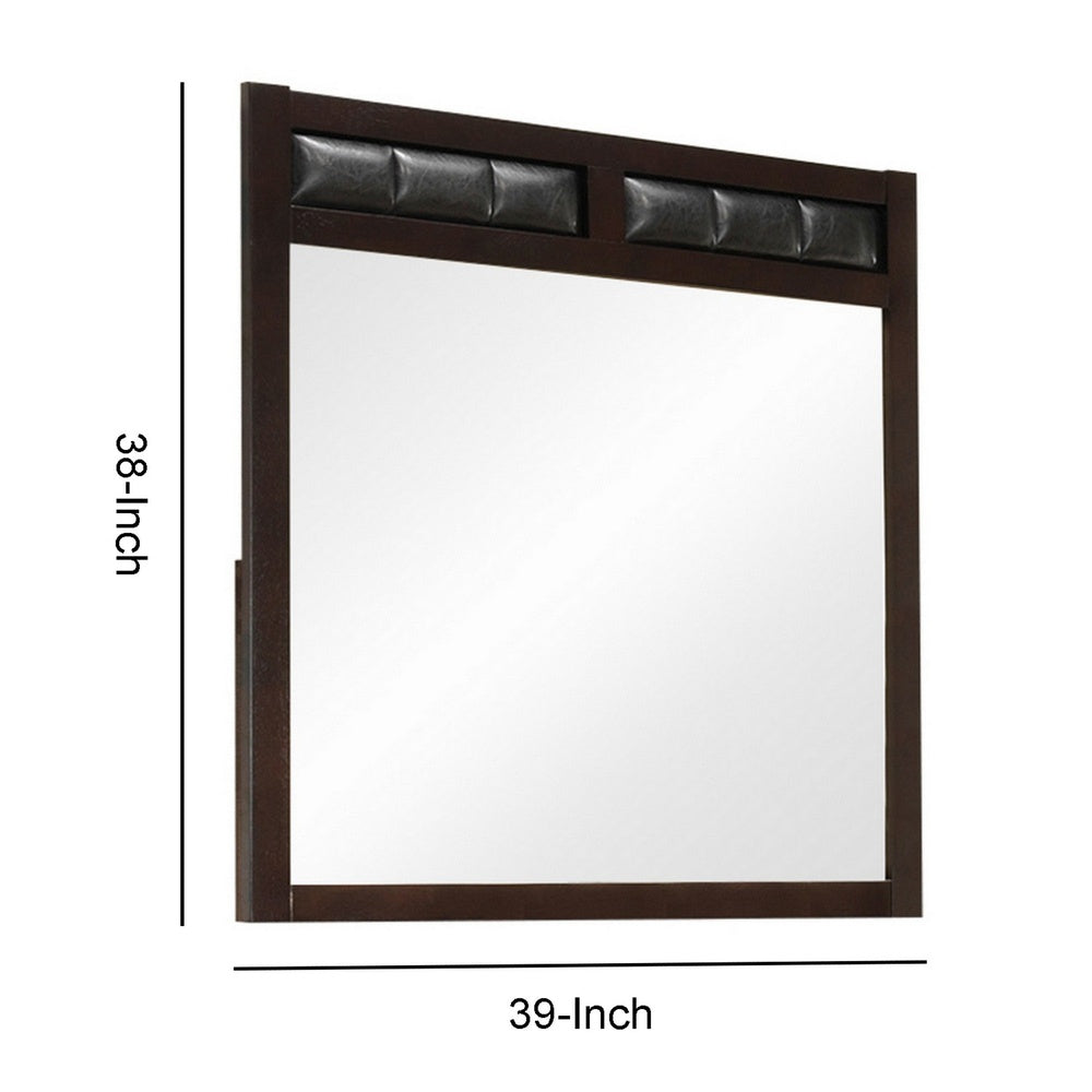 Rectangular Wooden Frame Mirror with Leatherette Panels, Brown  - BM230501