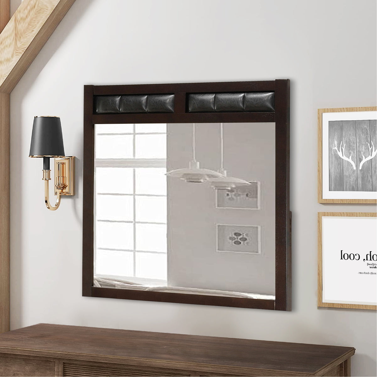 Rectangular Wooden Frame Mirror with Leatherette Panels, Brown  - BM230501