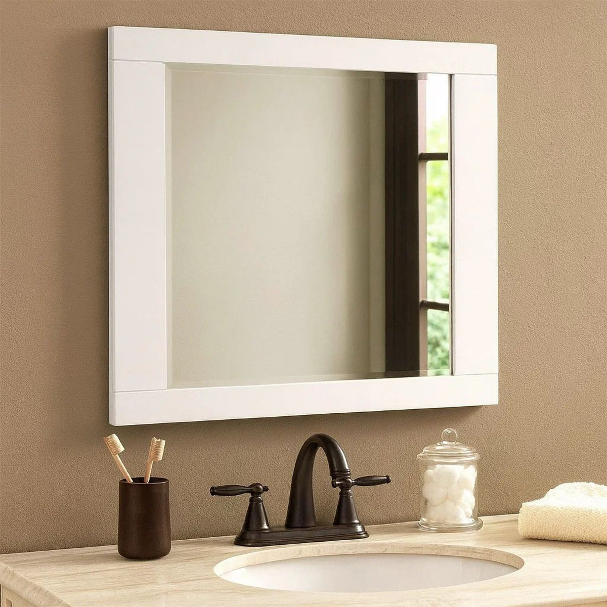 Rectangular Wooden Frame Mirror with Mounting Hardware, White  - BM230509