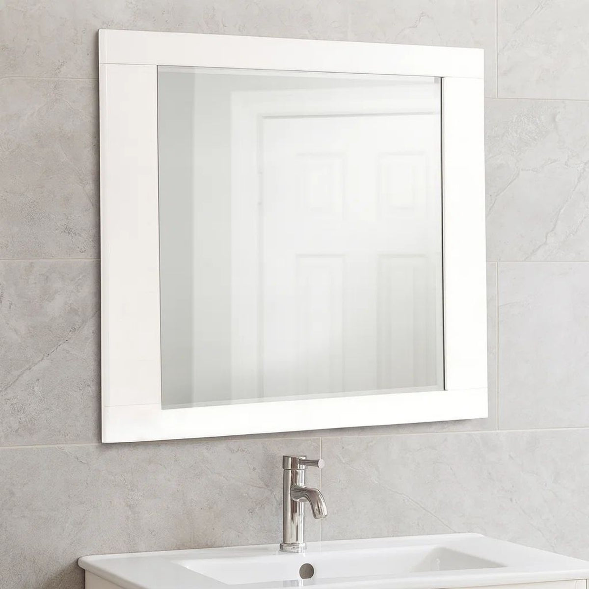 Rectangular Wooden Frame Mirror with Mounting Hardware, White  - BM230509
