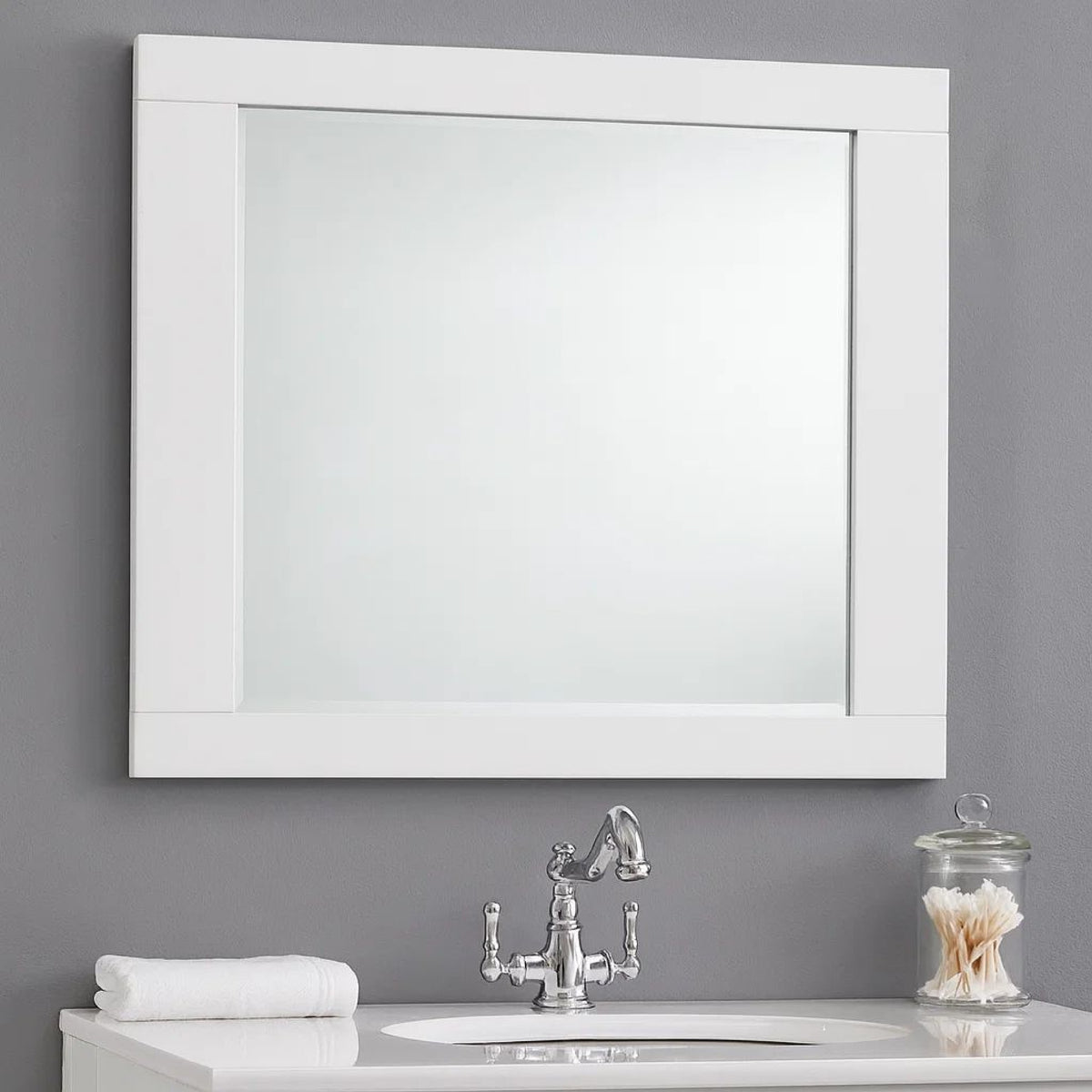 Rectangular Wooden Frame Mirror with Mounting Hardware, White  - BM230509