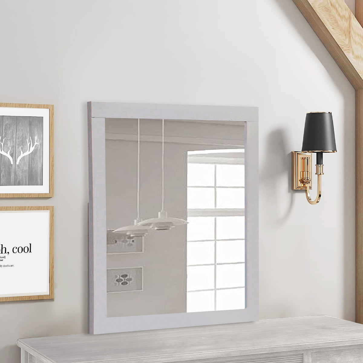 Wooden Frame Mirror with Mounting Hardware, White  - BM230512