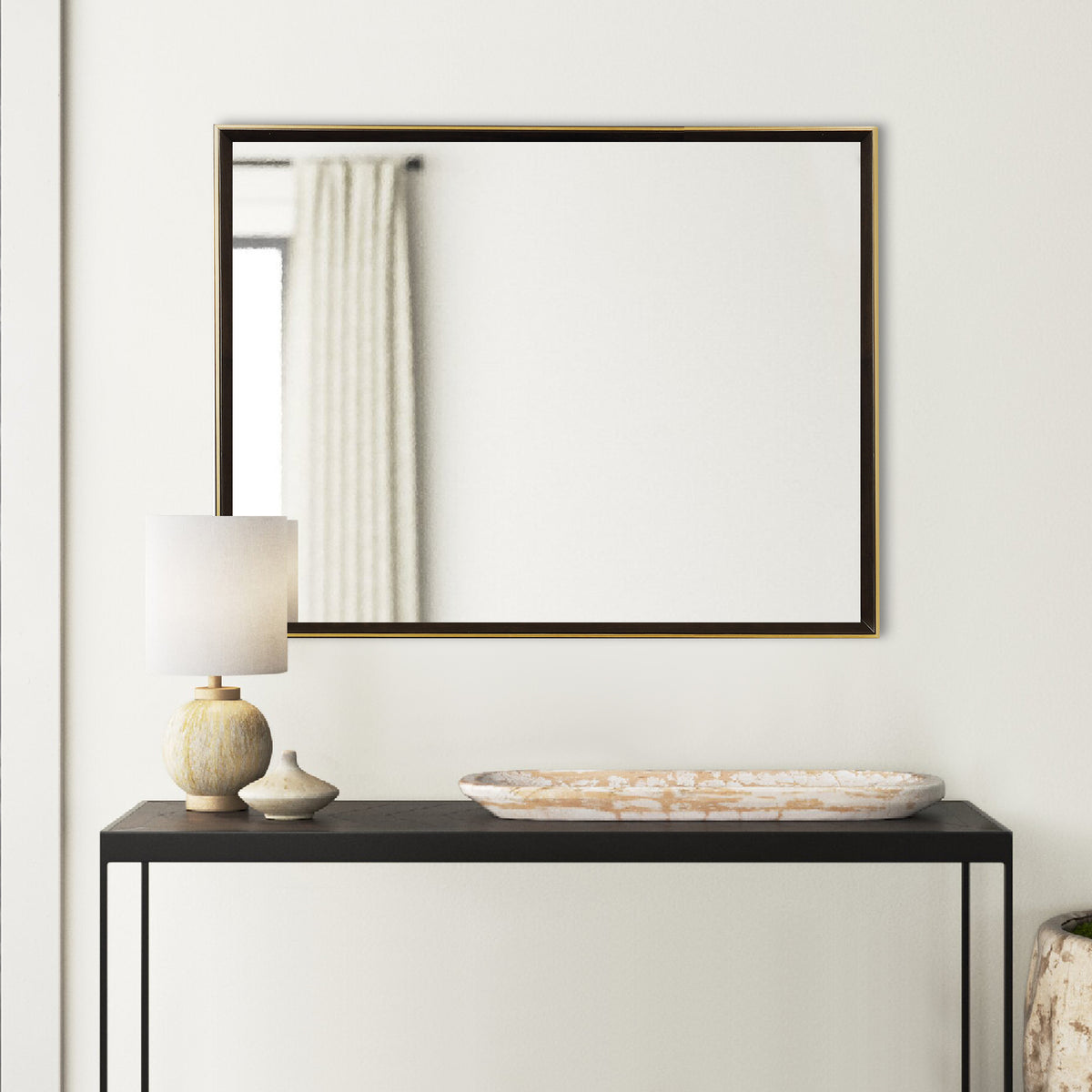 Rectangular Wooden Frame Mirror with Gold Trim, Espresso Brown  - BM230517