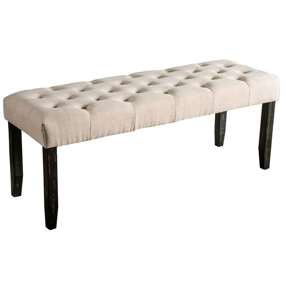 20 Inch Button Tufted Wooden Bench, Antique Black and Beige - BM230634