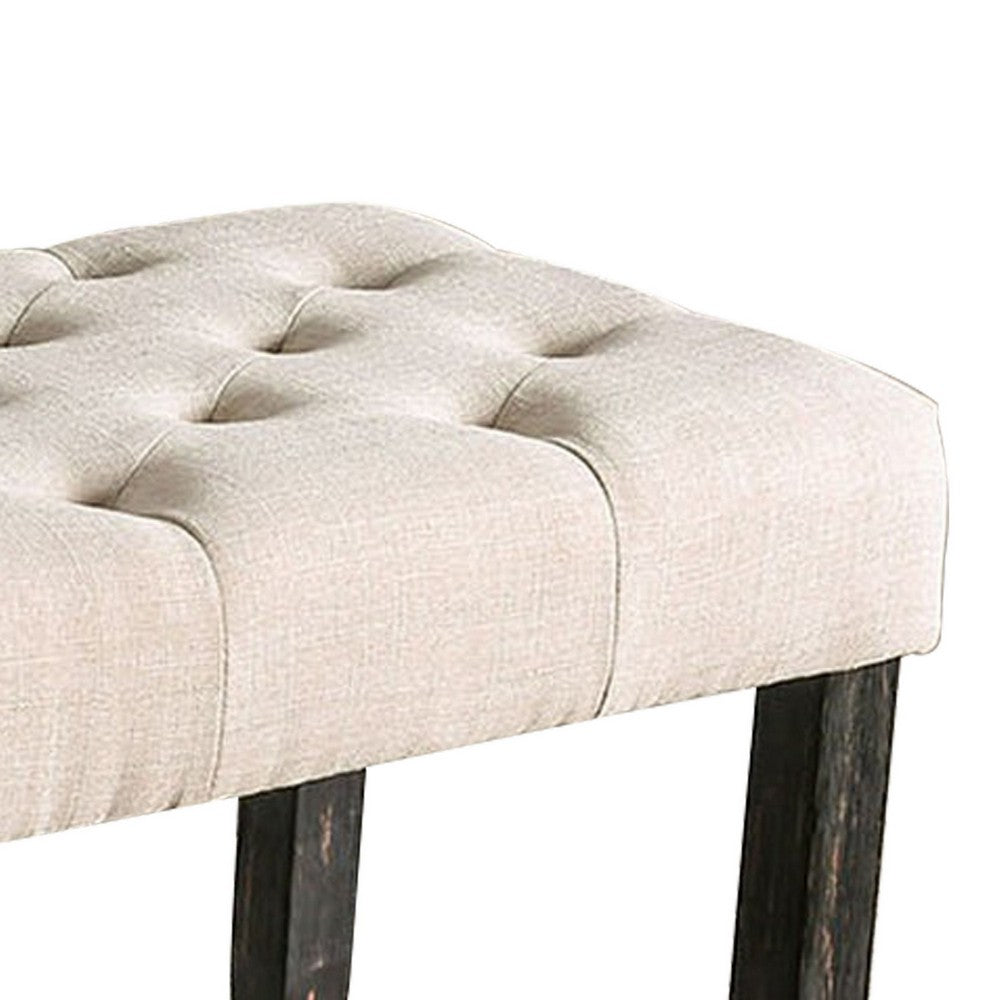 20 Inch Button Tufted Wooden Bench, Antique Black and Beige - BM230634