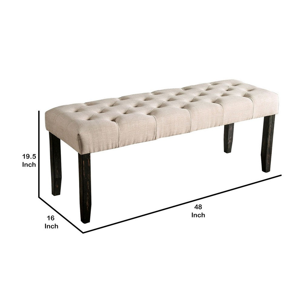 20 Inch Button Tufted Wooden Bench, Antique Black and Beige - BM230634