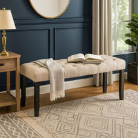 20 Inch Button Tufted Wooden Bench, Antique Black and Beige - BM230634
