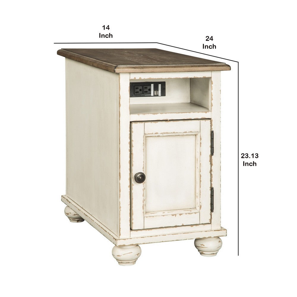 Wooden Chairside End Table with Door, Brown and Antique White - BM230907