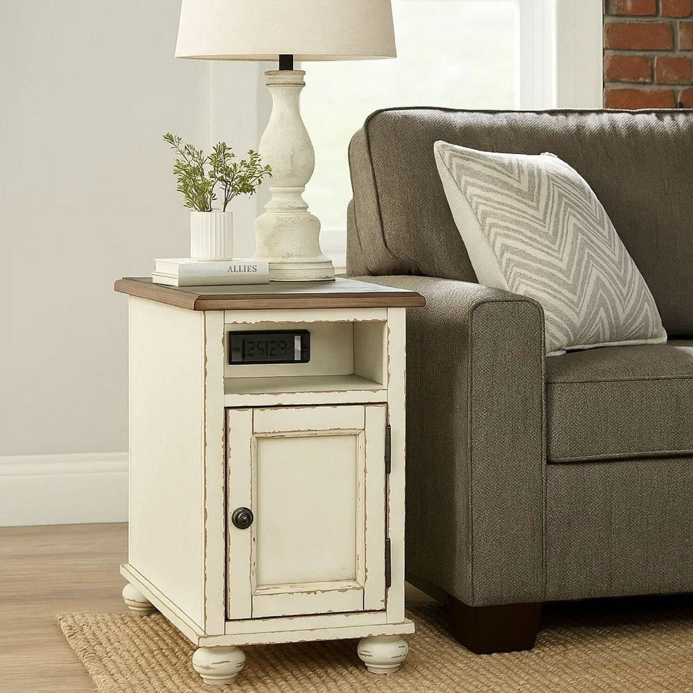 Wooden Chairside End Table with Door, Brown and Antique White - BM230907