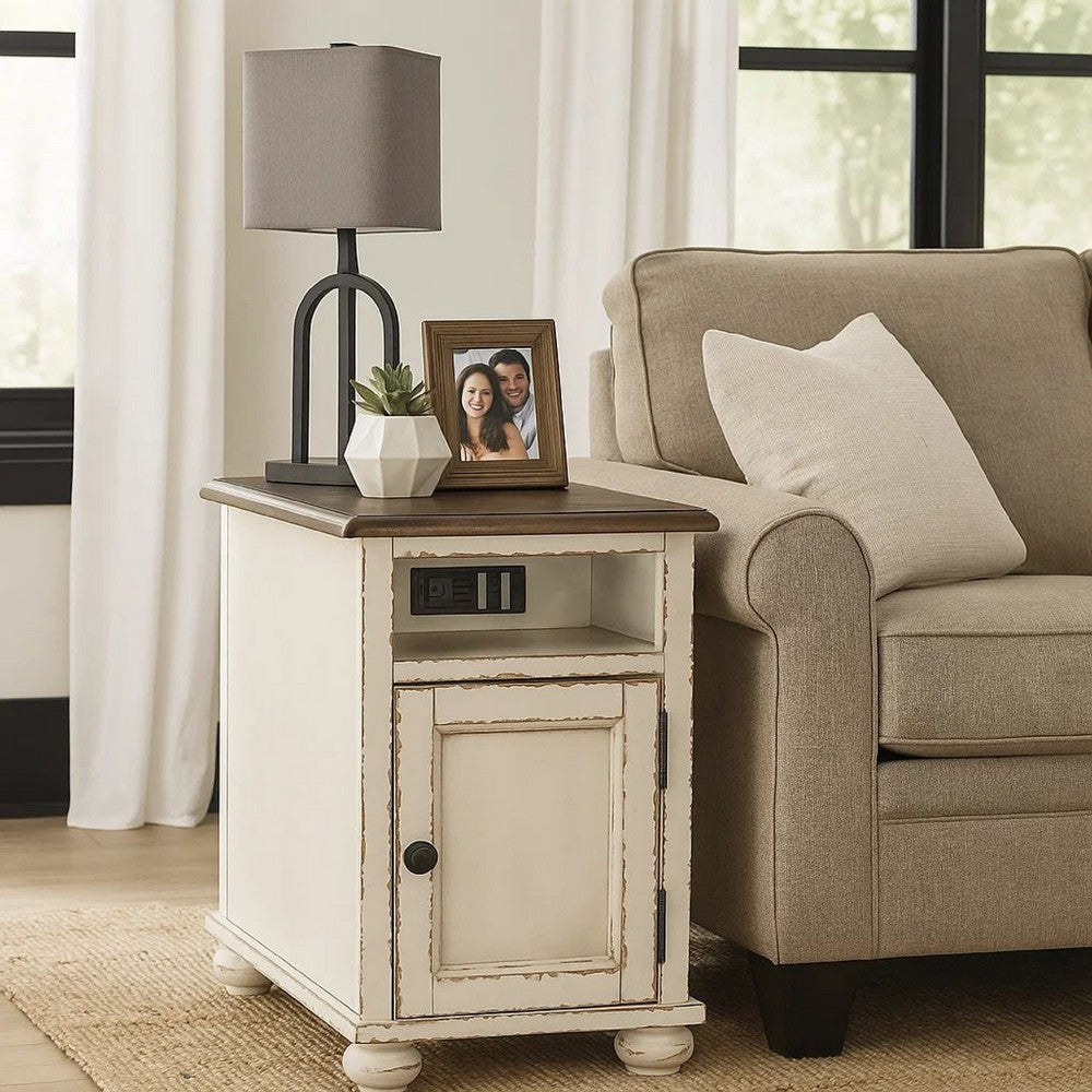 Wooden Chairside End Table with Door, Brown and Antique White - BM230907