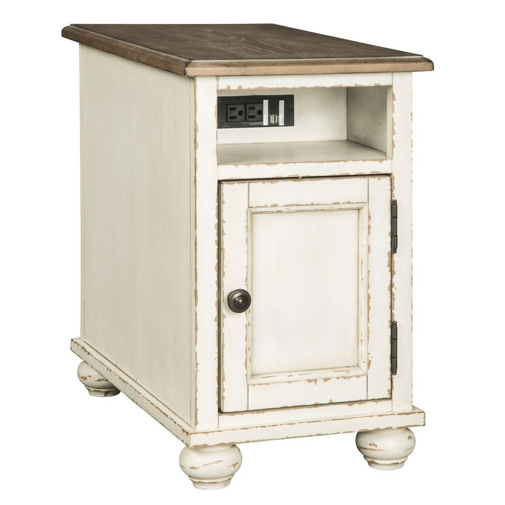 Wooden Chairside End Table with Door, Brown and Antique White - BM230907