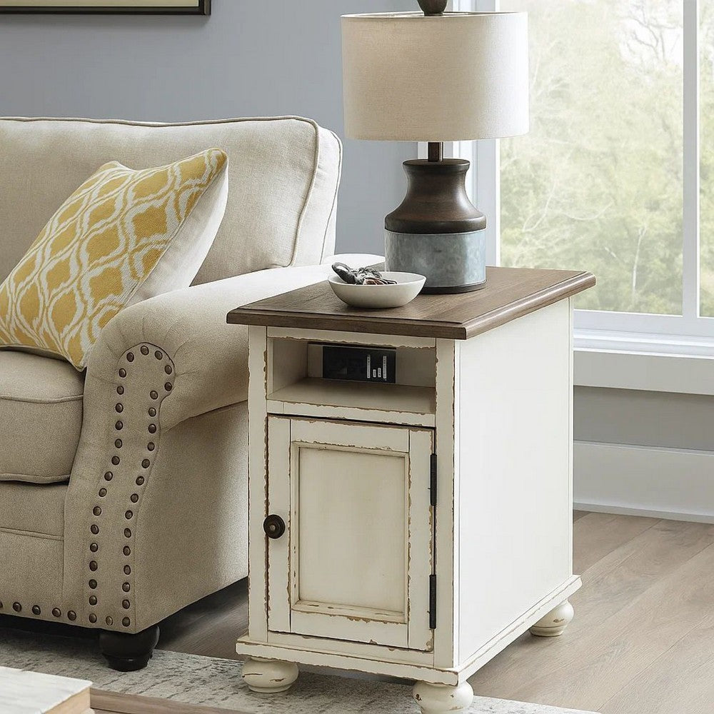 Wooden Chairside End Table with Door, Brown and Antique White - BM230907