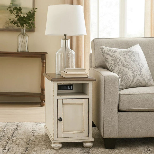 Wooden Chairside End Table with Door, Brown and Antique White - BM230907
