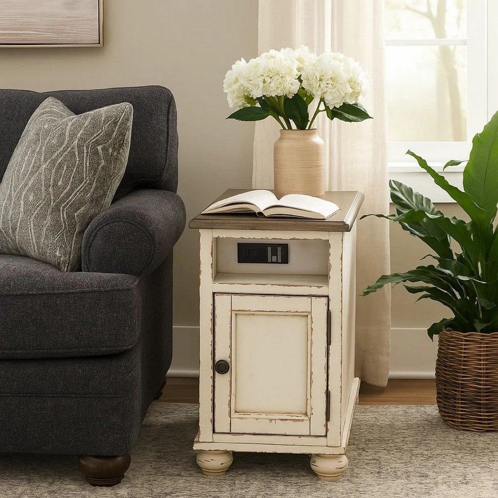 Wooden Chairside End Table with Door, Brown and Antique White - BM230907