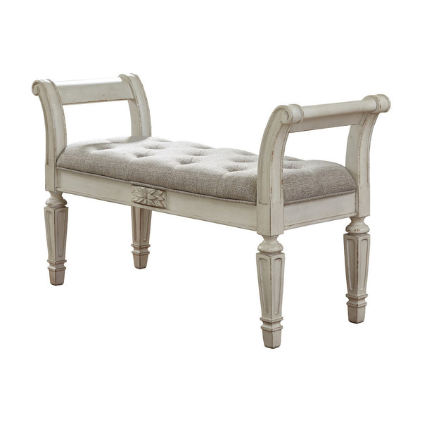 46 Inches Tufted Fabric Padded Wooden Accent Bench, Antique White - BM230917